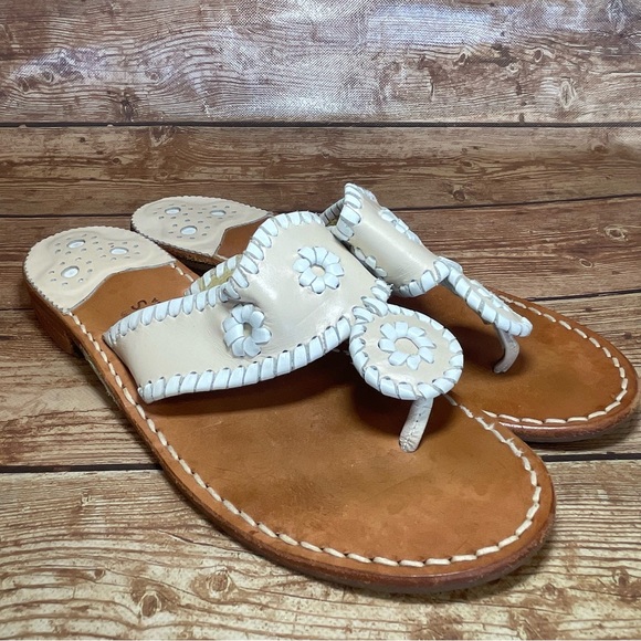 Shoes - Jack Rogers Beige White Napa Leather T-Strap Slip On Thong Flats Sandals Size 8